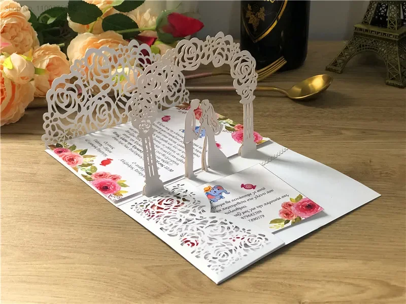 (10 pieces/lot) 3D Pop-Up White Wedding Invitation Card Tti-folded Laser Cut Pocket Bride & Groom Greeting Invite Cards