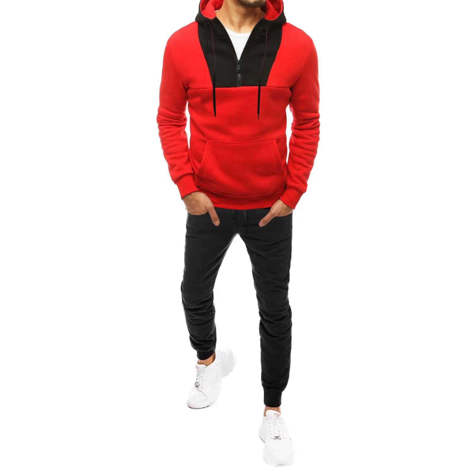 2023 Autumn/Winter New Men's Neckline Zipper Color Block Pullover Hooded Sports Men's Sports Set Sweater