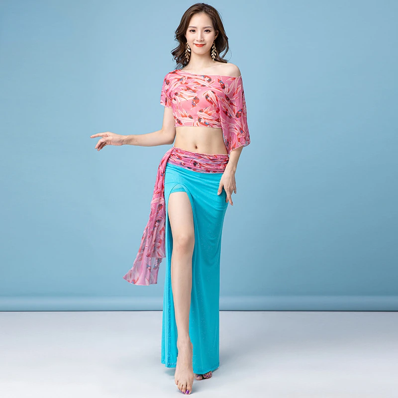 Women Belly Dance Costume Suit Printing Mesh Top Split Skirt Practice Clothes Set Oriental Female Bellydance Elegant Performance
