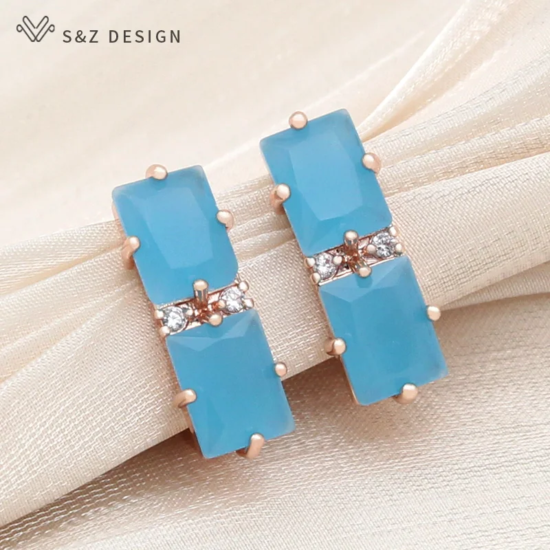 S&Z DESIGN New Fashion 585 Rose Gold Color Rectangle Crystal Drop Earrings For Women Wedding Jewelry Cubic Zirconia Eardrop