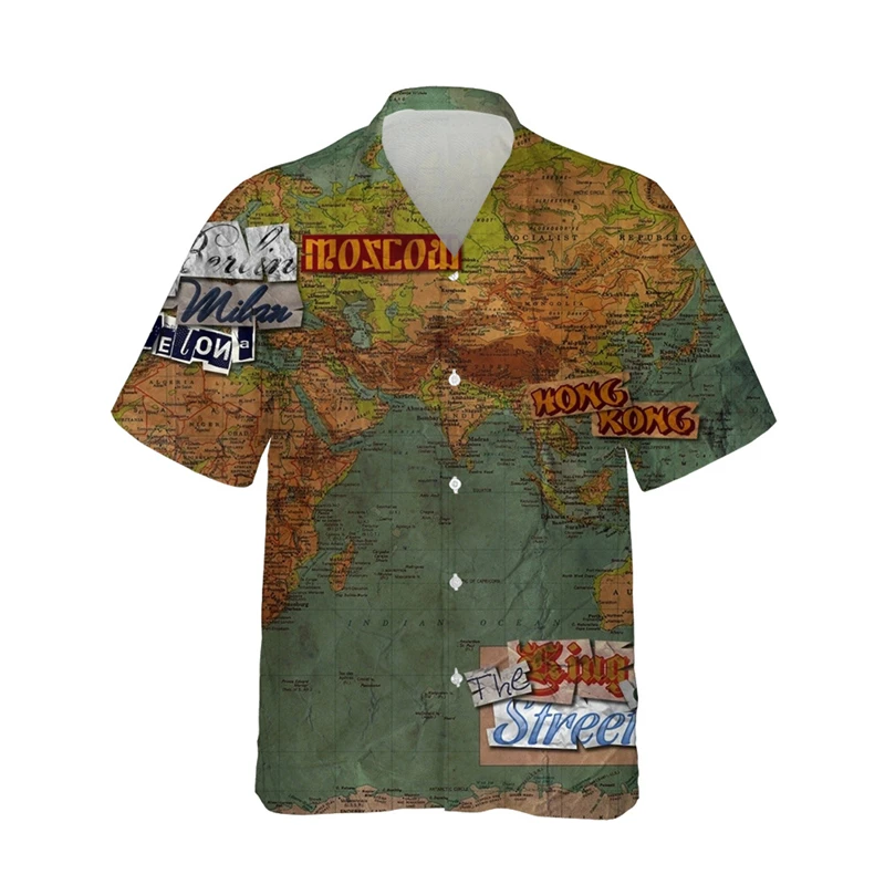 thumbnail image 1 of Camisa de moda para hombre con estampado 3D de mapa y brújula, solapa con botones, manga corta, diseño personalizado, camisetas cómodas, 1 of 5