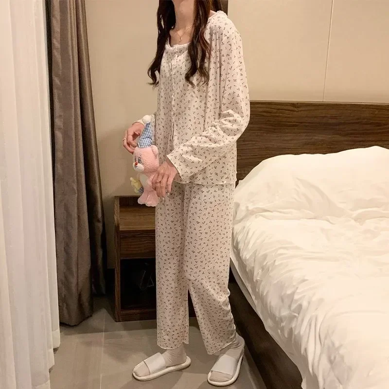 

Модный осенний Пижамный костюм Piiama в Корейском стиле, новые женские комплекты из двух предметов, одежда для сна 2023, Длинные Кружевные штаны с цветочным принтом