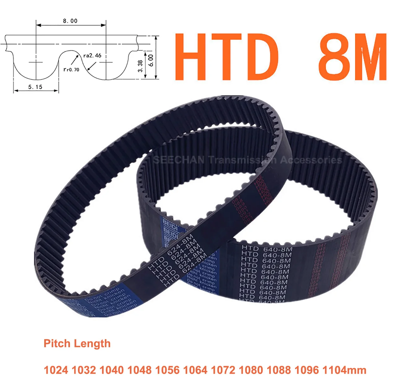 Borracha Fechado Síncrona Htd Correia Dentada Largura 15 20 25 mm Perímetro 1024 1032 1040 1048 1056 1064 1072 1080 1088 1096 1104 Milímetros 8m de