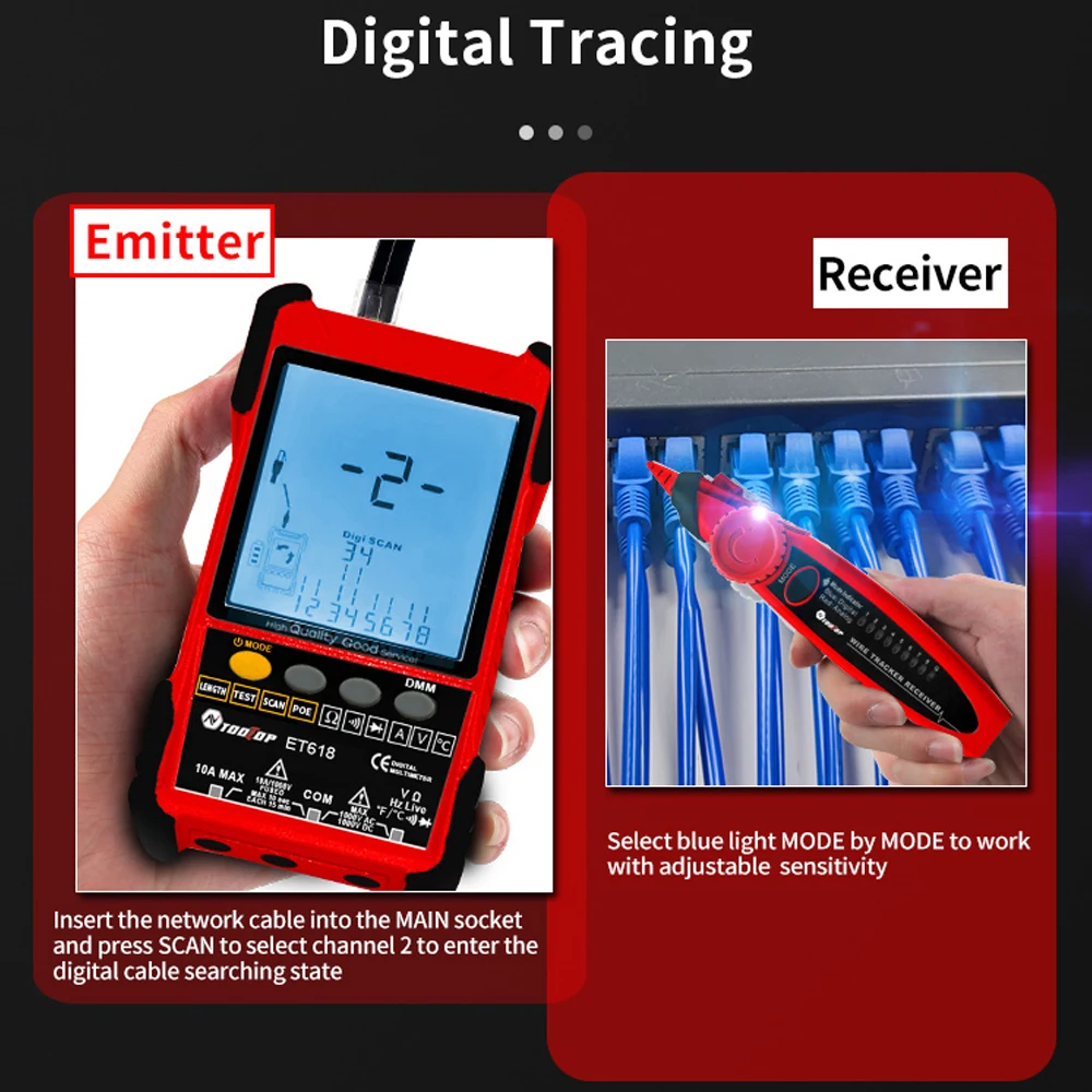 TOOLTOP ET618PRO Network Cable Tester LCD Display Analog Digital Search POE Cable Pairing Length Wiremap Detector