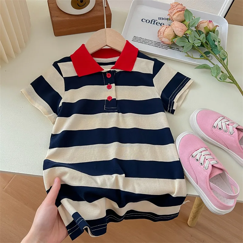 

Girls Lapel Stripe Dress New Children Baby Kids Summer Outfit T-shirt Short Sleeve Stripe Dress