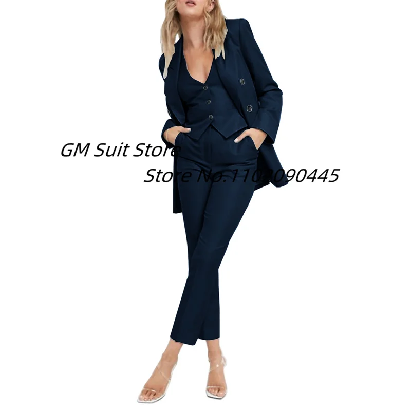 Women's Double Breasted Blazer Slim Fit Solid Color 3 Piece Suits Office Lady Jackets Vest Pant костюм женский