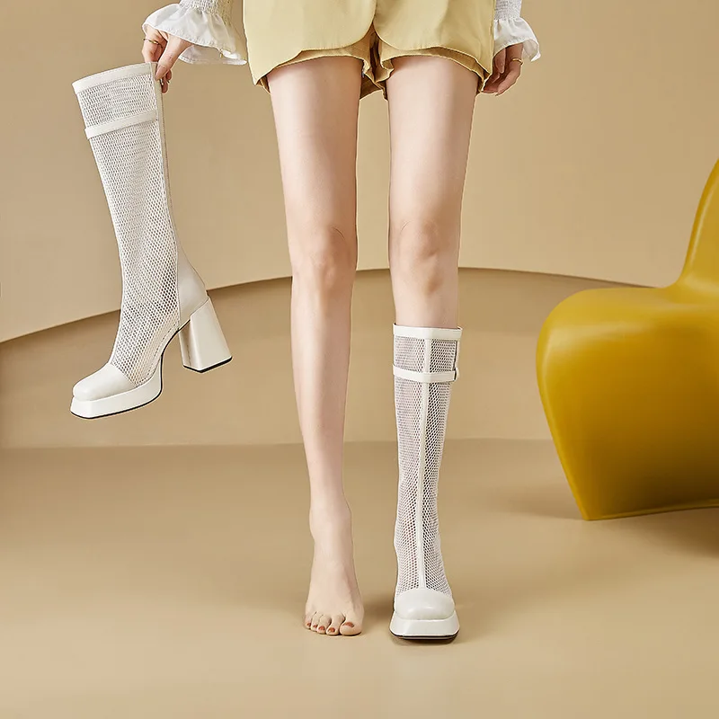 

2023 New Beige Round Head High Barrel Mesh Women's Cool Boots Thin Breathable Mesh Hollow Boots Thick Heel Thick Sole Long Boots
