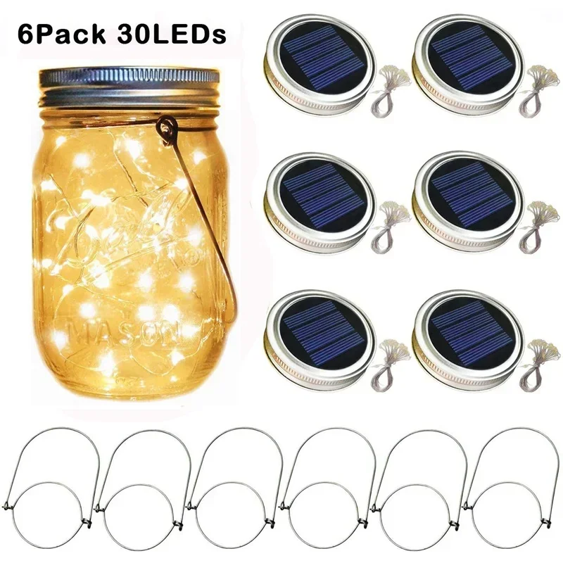 

6PCS 30LEDs Outdoor Solar Lights Solar Powered Mason Jar Lights Waterproof DIY Lights Holiday Party Christmas Decor Lamp