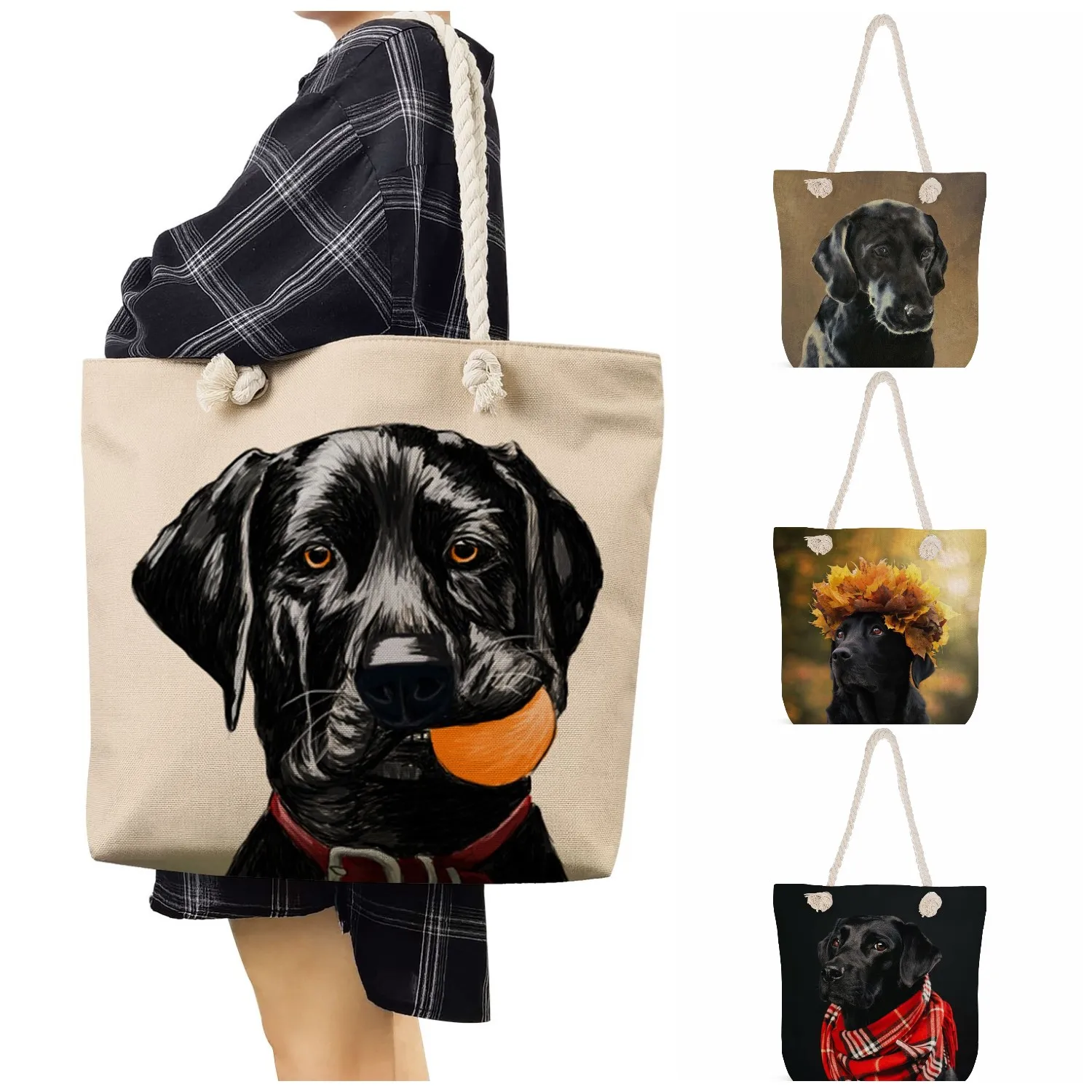 

Portable Women Shoulder Bag Custom Fashion Animal Dog Print Shopping Bag Cool Style Black Labrador Pattern Handbags Eco Reusable