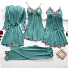 

2021 Summer Autumn Spring 5 Pieces Set Silk Elegant Women Pajamas Set Shorts Sleeve Top Elastic Waist Pants Lounge Sleepwear Set