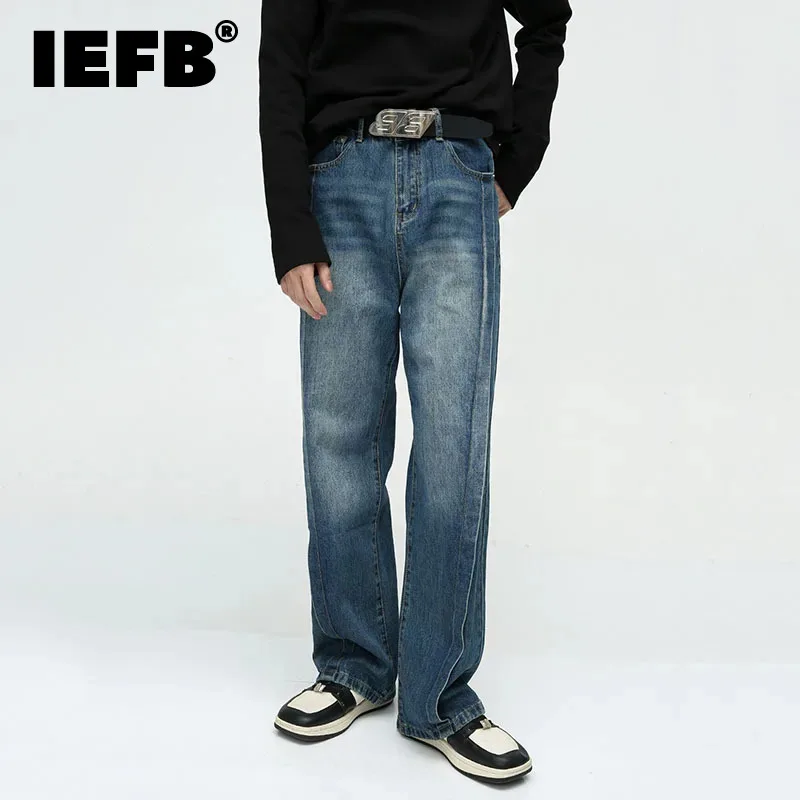 

IEFB Men's Patchwork Jeans Korean Fashion Street Wide Leg Denim Pants Stitching Niche Design Baggy Retro Jean Trousers 9C3086