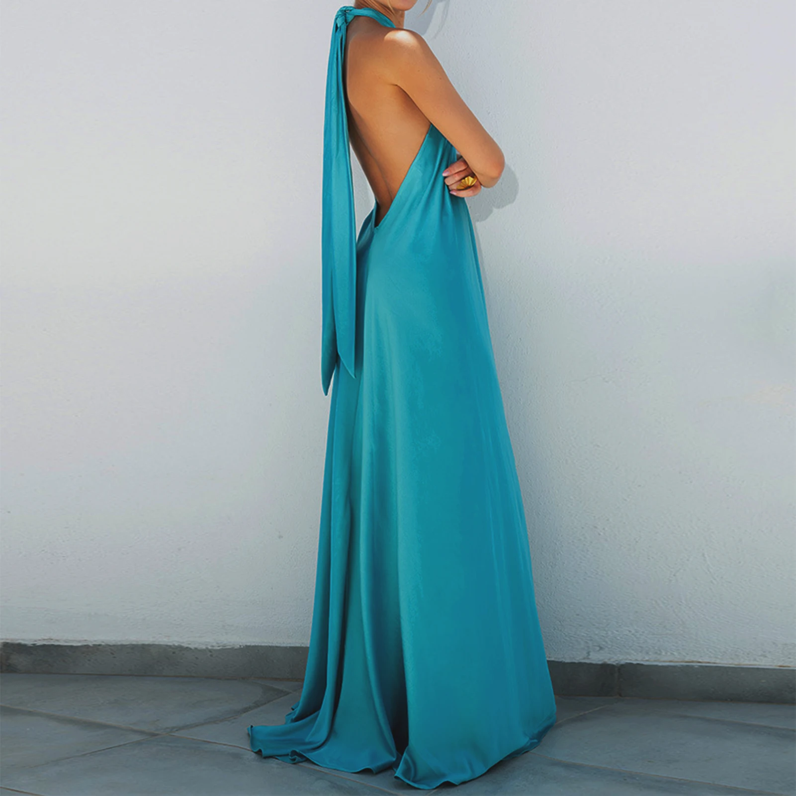 Vestidos de chiffon con espalda descubierta y escote en V Azul Cielo Tallas Grandes
