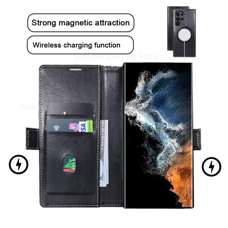 For Samsung S23 Ultra For Magsafe Leather Phone Case For Galaxy S22 S21 Plus Note 20 Ultra Wireless Magnetic Flip Wallet Cover