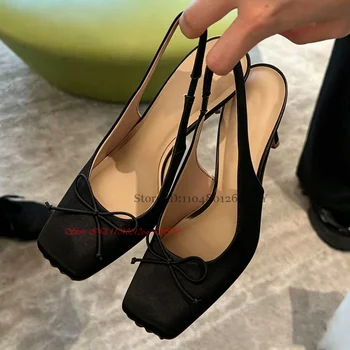 Luxury Satin Square Head Toe High Heel Pumps 10Cm Heeled Slingback Women Ballet Shoes Ladies Party Shoe 3