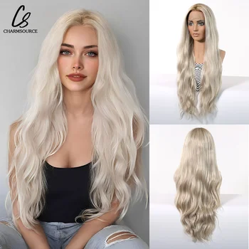 CharmSource Lace Front Synthetic Wigs Blonde Body Wave Long Curly Wigs Women Girl Daily Cosplay High Density Hair Wig Natural