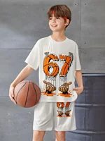 Ensemble 2 pièces pour enfants : T-shirt à manches courtes et short imprimé chiffres 6 et 7, style 'Brainrot' italien amusant, pour garçons 4