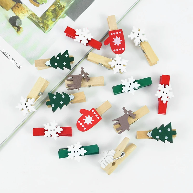 

20pcs Christmas Wooden Clips Xmas Tree Snowflake Elk Gloves Photo Wall Clip Christmas Decorations Home New Year Party Ornaments