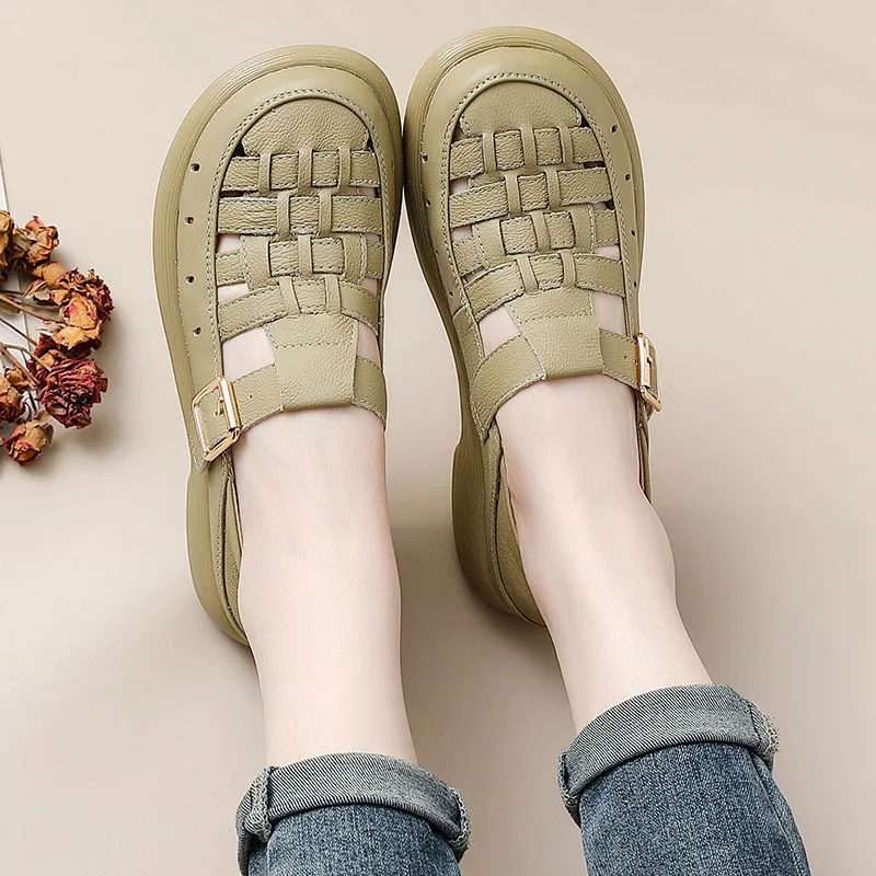 Handmade woven flats women's low heels shoes genuine leather loafer mother comfort T strap shoes woman autumn buckle flats wide