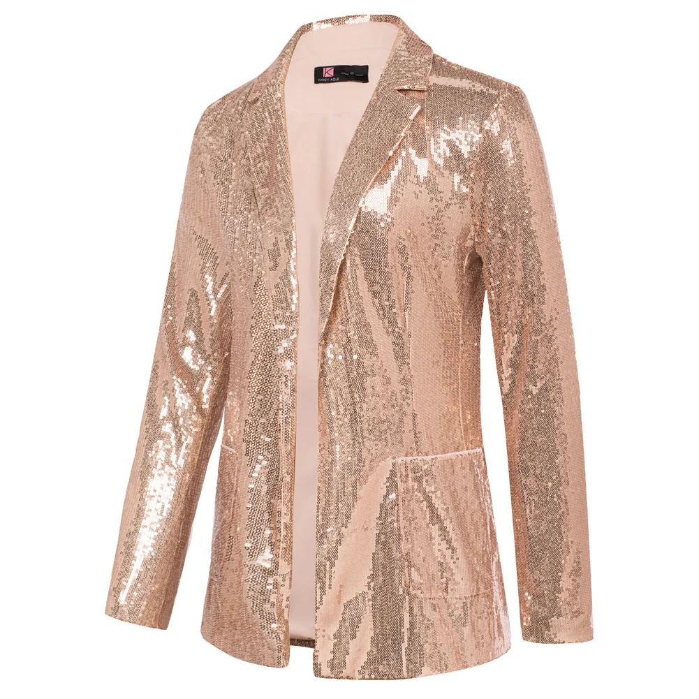 KK Women Sequined Party Blazer Coat Lapel Collar Long Sleeve Open Front Coat Sparkling Shiny Luxury Elegant Women's Clothing