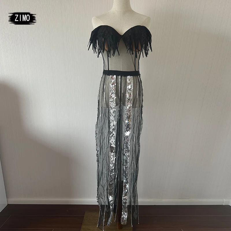 

Fashion Black Mesh Sequin Jumpsuit Women Sexy Party Bar Nightclub Drag Queen Stage Tassels Jumpsuit Men Performance Costume