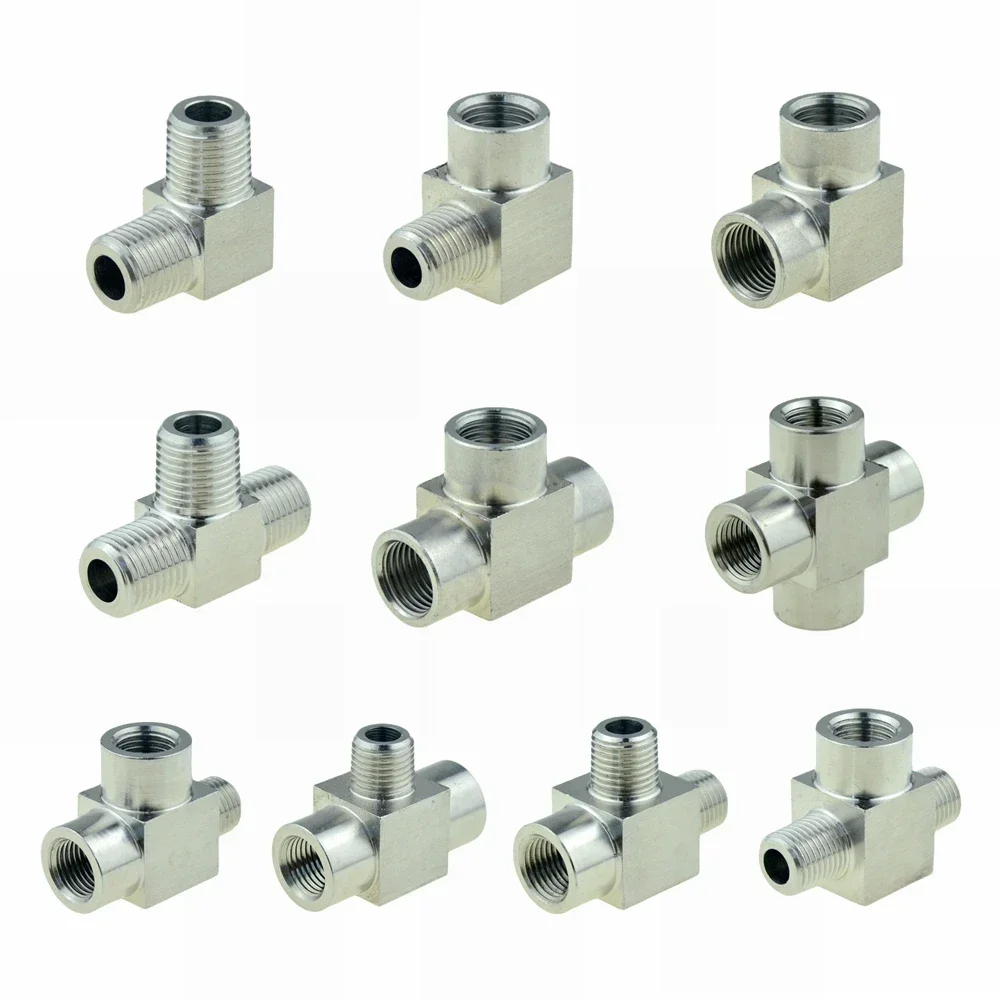304 สแตนเลสสตีลท่อ Tee ข้อศอก 4 Way 1/8 1/4 3/8 1/2 หญิงชายด้ายแรงดันสูง Air Adapter Coupler Connector 1