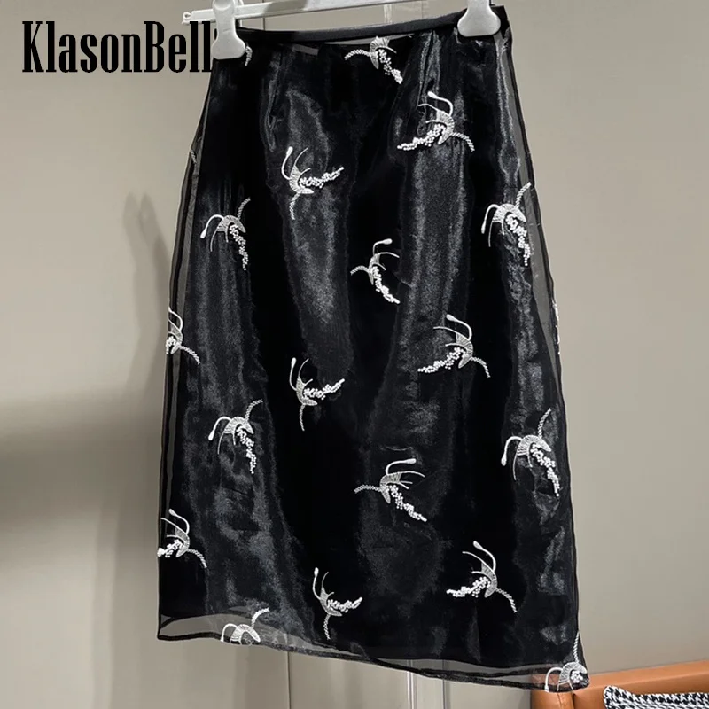 

4.15 KlasonBell Fashion New Handmade Beading Embroidery Print 2 Piece Set Skirt For Women Black Elegant All-matches Midi Skirt