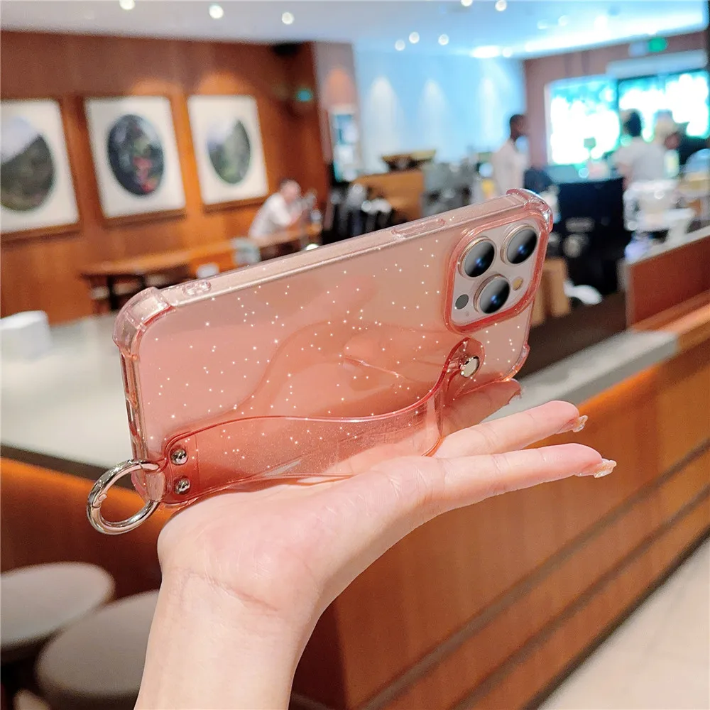 Bling Glitter Transparent Wrist Strap Phone Case with Holder Stand
