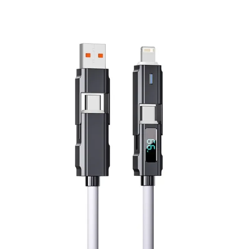 4 in 1 USB C Data Cable Digital Display Silicone for Iphone PD 66W Zinc Alloy Fast Charging Cable Line Type C with LED Design
