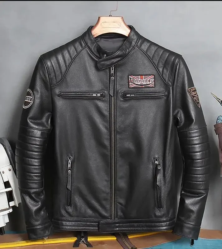 

Free shipping,Biker moto Asian size men's quality genuine leather Jacket slim natural cowhide coat.Casaco de couro genuíno Cool