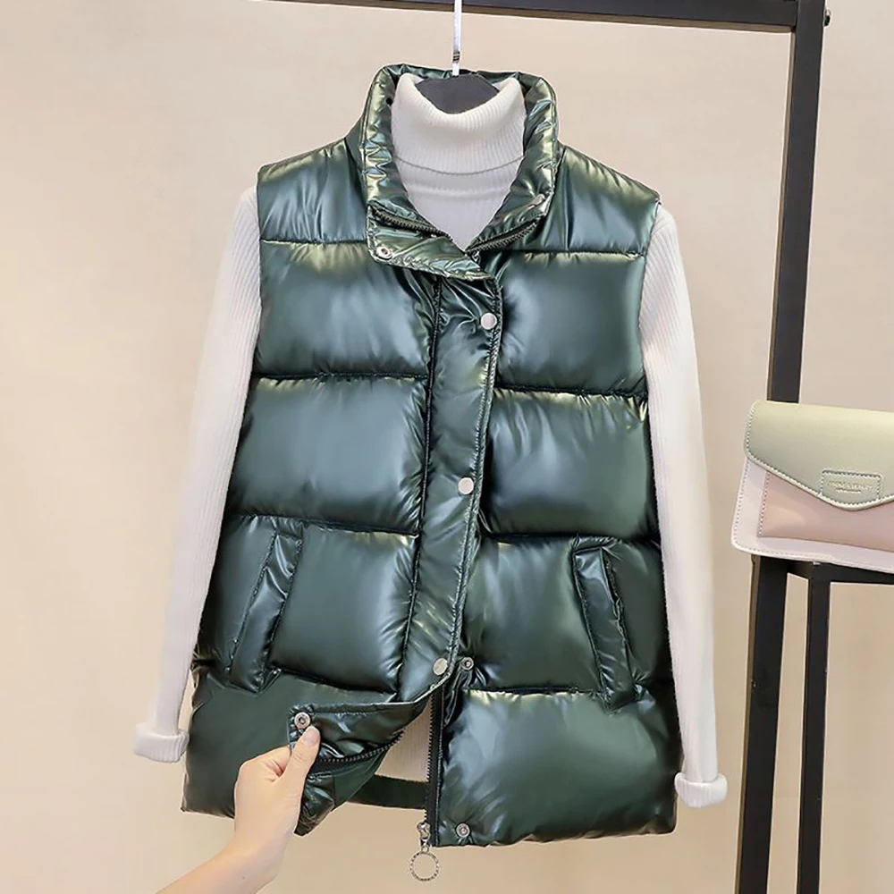 Zipper Spring Vest Short Outerwear Camisole Casual Standing Collar Slim Fit Versatile Tank Top Shiny Women Waistcoat Clothing