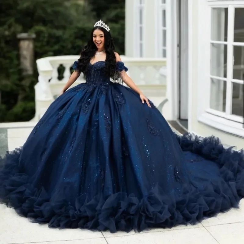 long sleeve navy blue sequin dress Navy Blue Sequin Beaded Sweetheart A-Line Long Prom Dress Navy Blue / 14 / Sequins
