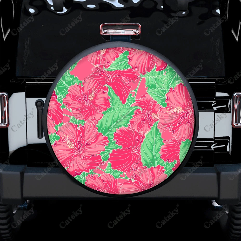 

Тропический Цветущий узор гибискуса из полиэстера, универсальная крышка для запасных колес, колпачки для колес для прицепа, фургона, внедорожника, грузовика, кемпера