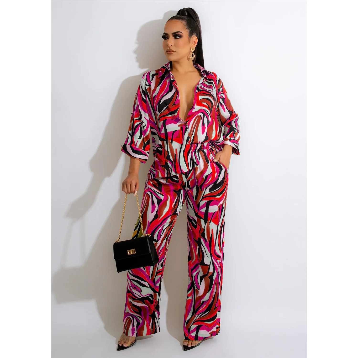 

Уличная женская мода, хит продаж, Осенний однобортный костюм с длинными рукавами и отложным воротником, модные повседневные Прямые брюки с принтом