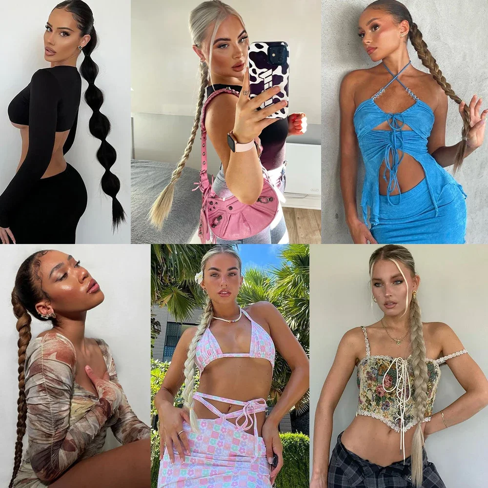 30inches Synthetic Long Braided Ponytail Hair Extensions with Black Rubber Band Hairpiece Pony Tail for Women High Temperature