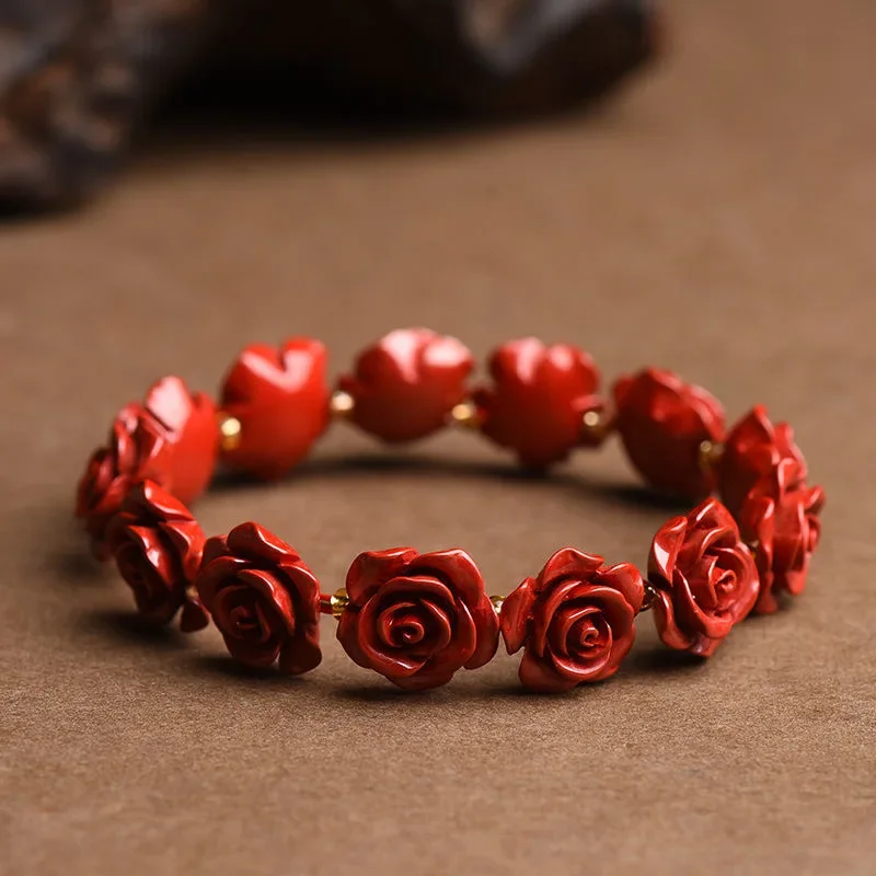 Red Cinnabar Rose Flower Beads Bracelet Designer Gift