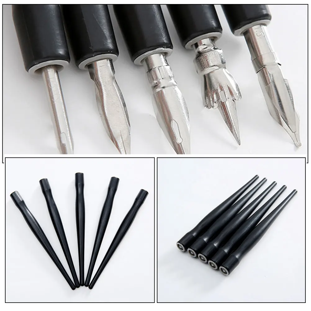 15Pcs 검은 색 플라스틱 서예 펜 홀더 전문 딥 펜 펜촉 홀더 쉬운 그립 부드러운 표면 가벼운 휴대용 드로잉