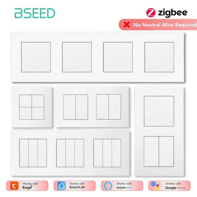 BSEED Zigbee 1/2/3/4Gang Smart Mechanical Light Switches Tuya Smart Life App Control No Need Neutral Wire Matte Plastic Frame