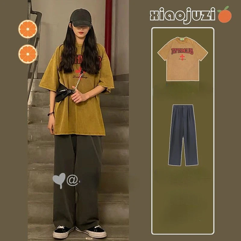 

Summer retro Hong Kong style tea system wear dating suit female loose print round neck top t-shirt casual suit pants