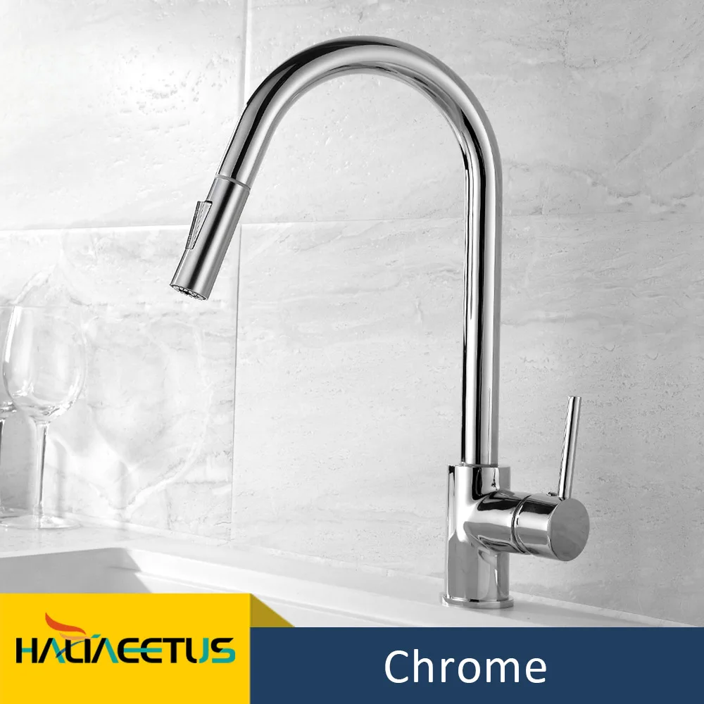 Haliaeetus Kitchen Faucet Black Pull Out Kitchen Sink Faucet With Pull Down Sprayer 360 Rotation Chrome Tap Single Handle Mixer smart faucets Kitchen Fixtures