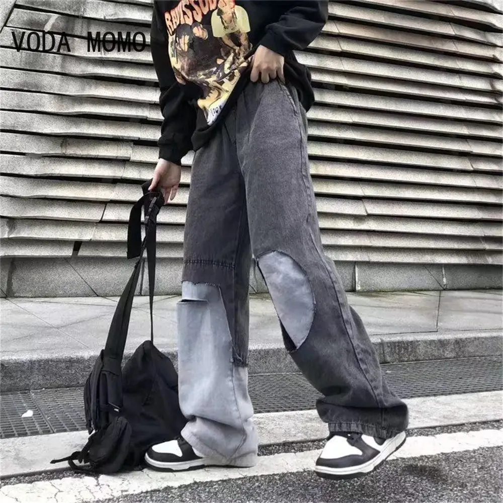 Jeans Con Foro Strappato Irregolare Pantaloni In Denim Donna Uomo Patchwork Dritto Baggy Boyfriend Y2K Punk Kpop Harajuku Streetwear Hip Hop