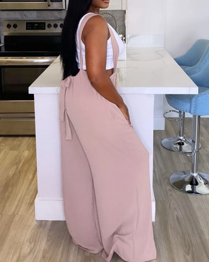 Women's Overall Daily Casual Summer Fashion Solid Color Drawstring Tie Details Ruched High Waist Wide Leg Suspender Jumpsuit