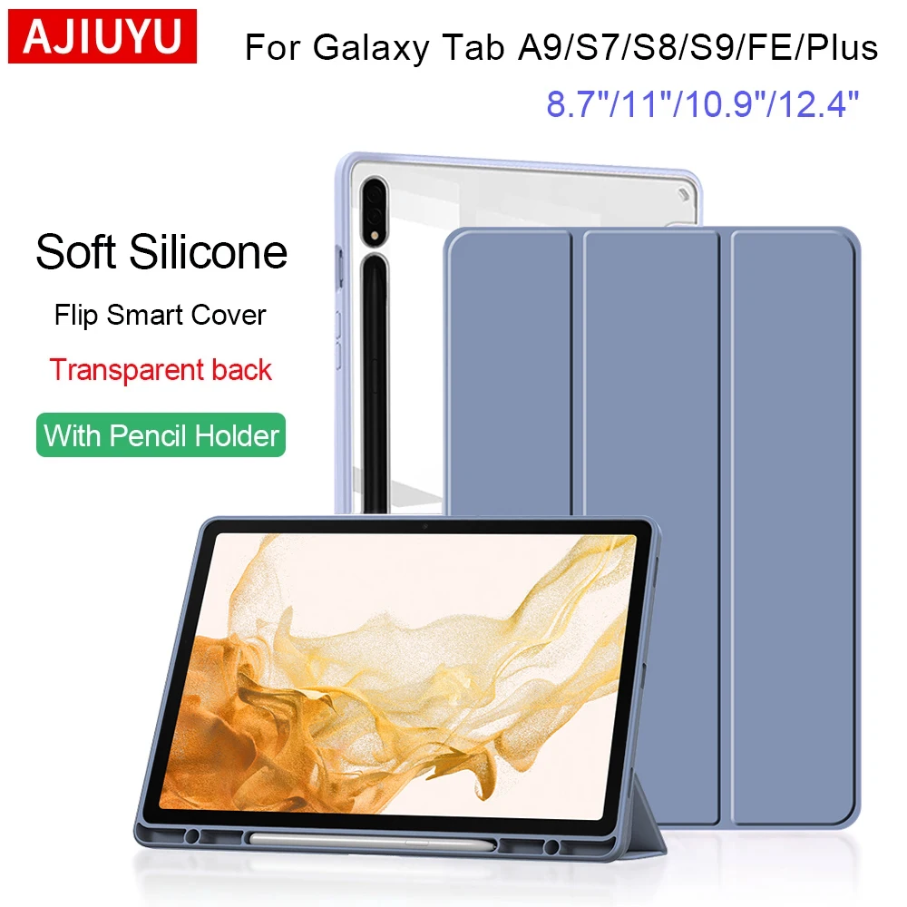 Clear Back Protective Case with Pencil Holder for Samsung Galaxy Tab S Series and Tab A Series Tablets
