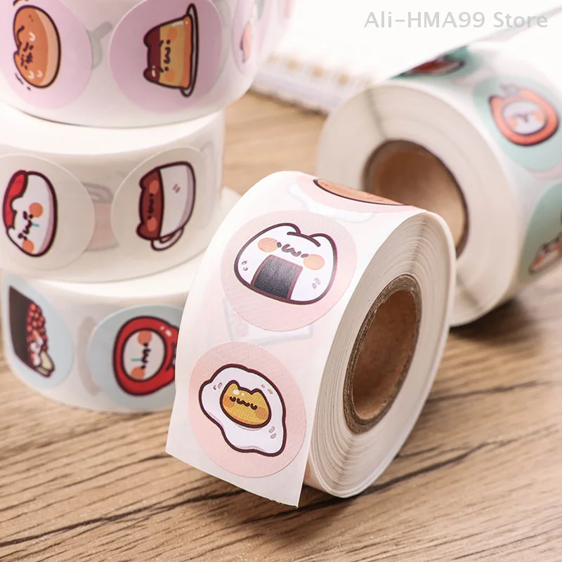 500Pcs/Roll 2.5cm/1inch Circular Cute Cartoon Sushi Pattern Decorative Sticker Baked Dessert Lunch Box Label Decor Sticker