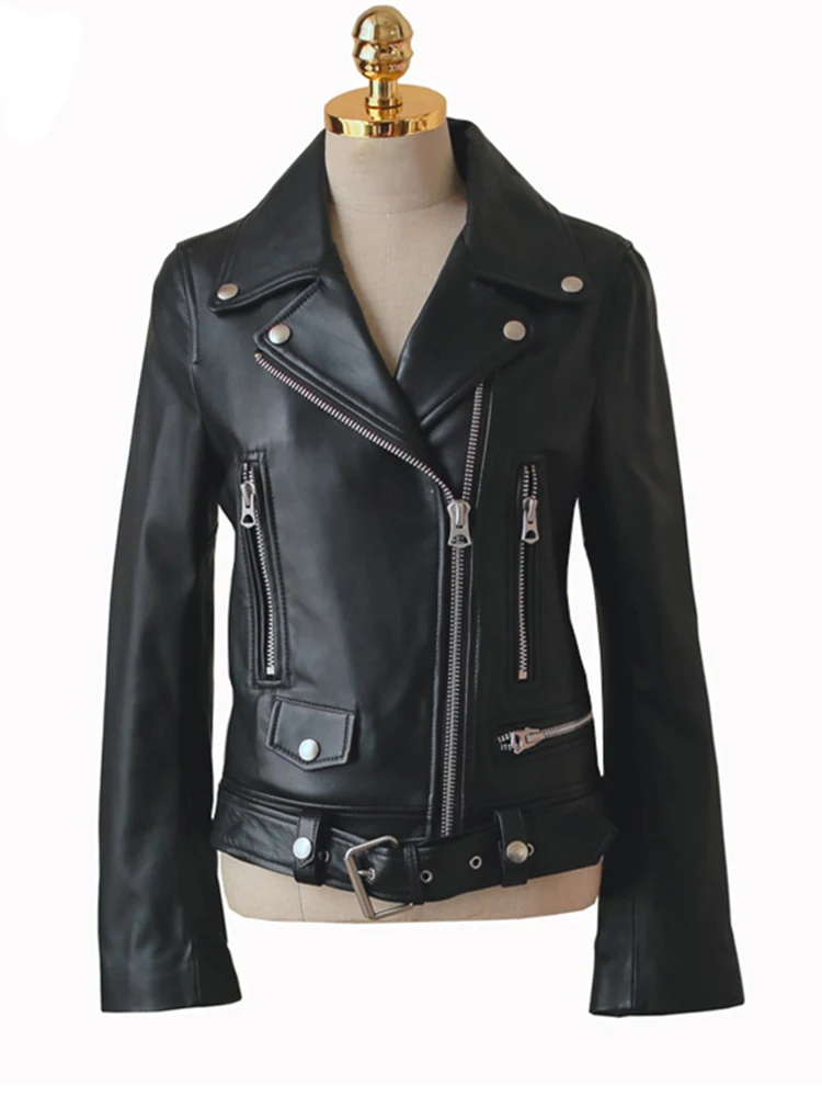 

FTLZZ New Autumn Women Pu Leather Jacket Woman Zipper Belt Short Coat Female Faux Leather Black Motorcycle Outwear Biker Jacket