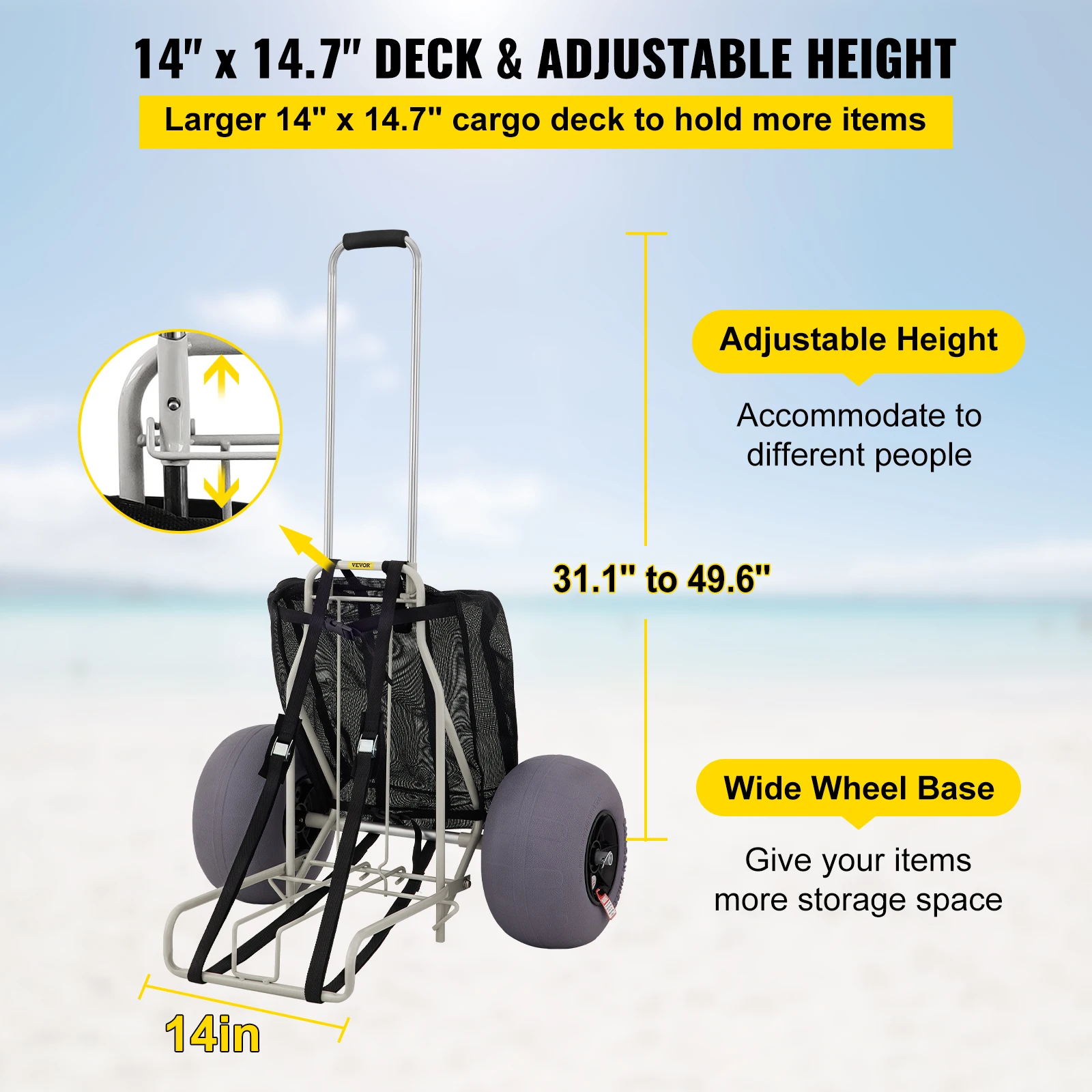 VEVOR Beach Carts for Sand with 13" TPU Balloon Wheels 165 LBS Loading Folding Sand Cart Aviation Aluminum Cart for Picnic 3