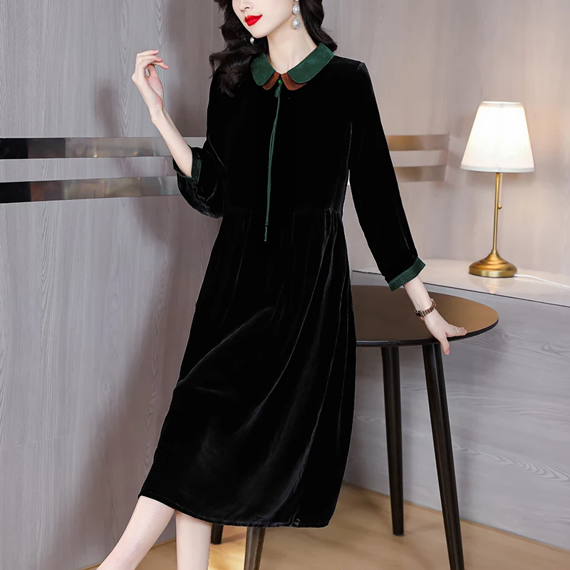 

Autumn Fashion Versatile Velvet Dress Women's Autumn Retro 3/4 Sleeve Sleeves Headdress French Loose Tight Party Vestidos