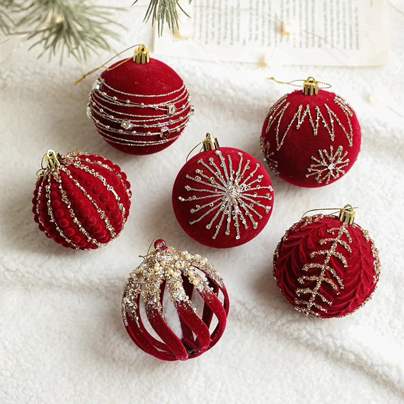 8cm Burgundy Flocked Christmas Tree Ball Xmas Tree Hanging Ornaments Sticky Sequin Velvet Balls Pendant Home Party Decorations