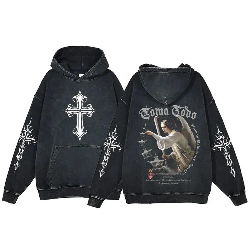 

Y2K Hoodie Unisex Harajuku Style Cross Print Fashion Long Sleeve Pullover Men Hip Hop Goth Casual Hooded Sweatshirt Streetwear