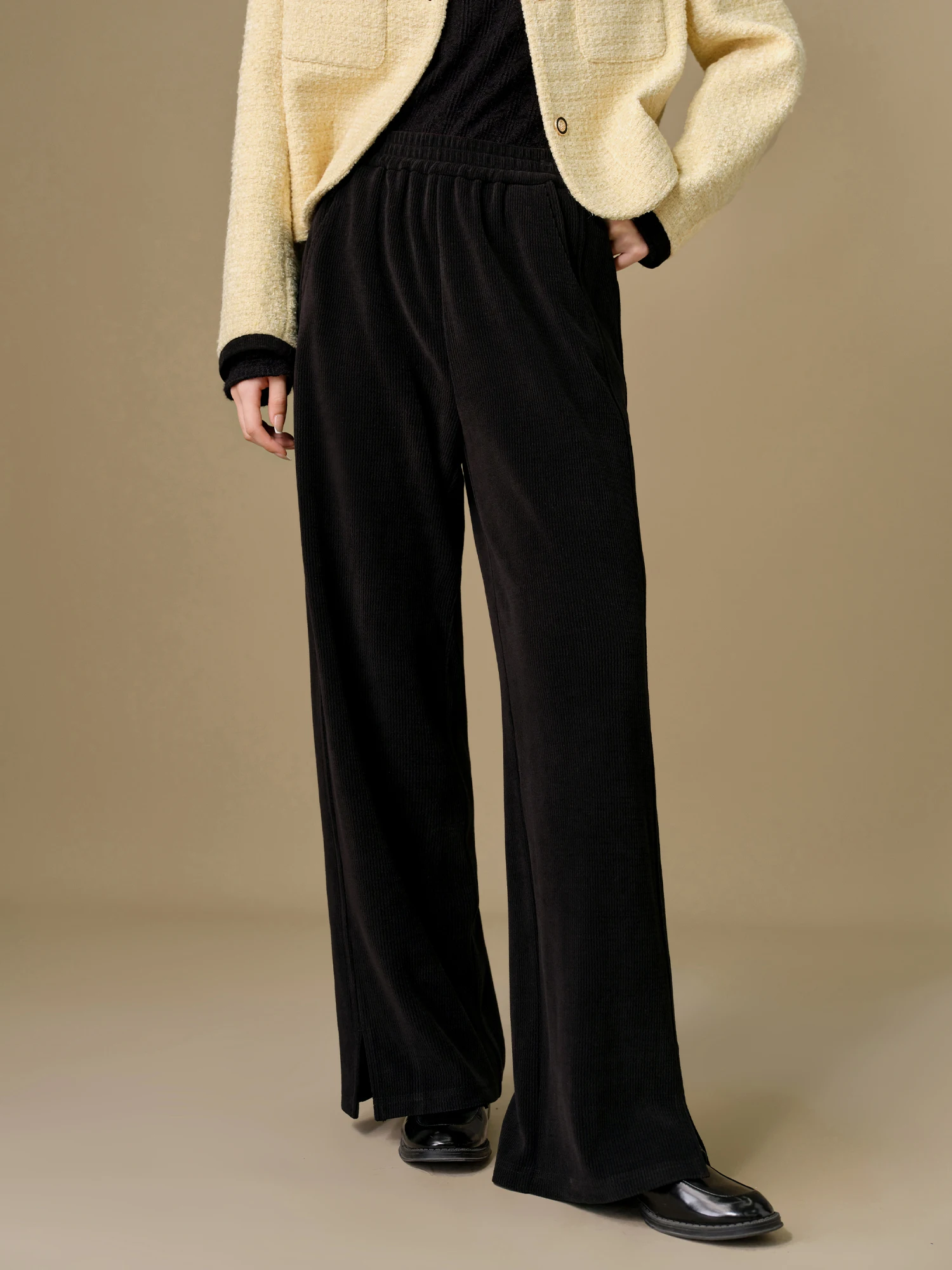 DUSHU[2 Colori] Pantaloni spessi da donna 2024 Inverno Beige Elastico in va Pantaloni a figura intera Pantaloni da pendolare neri 24DS84528+24DS84429  200000345
