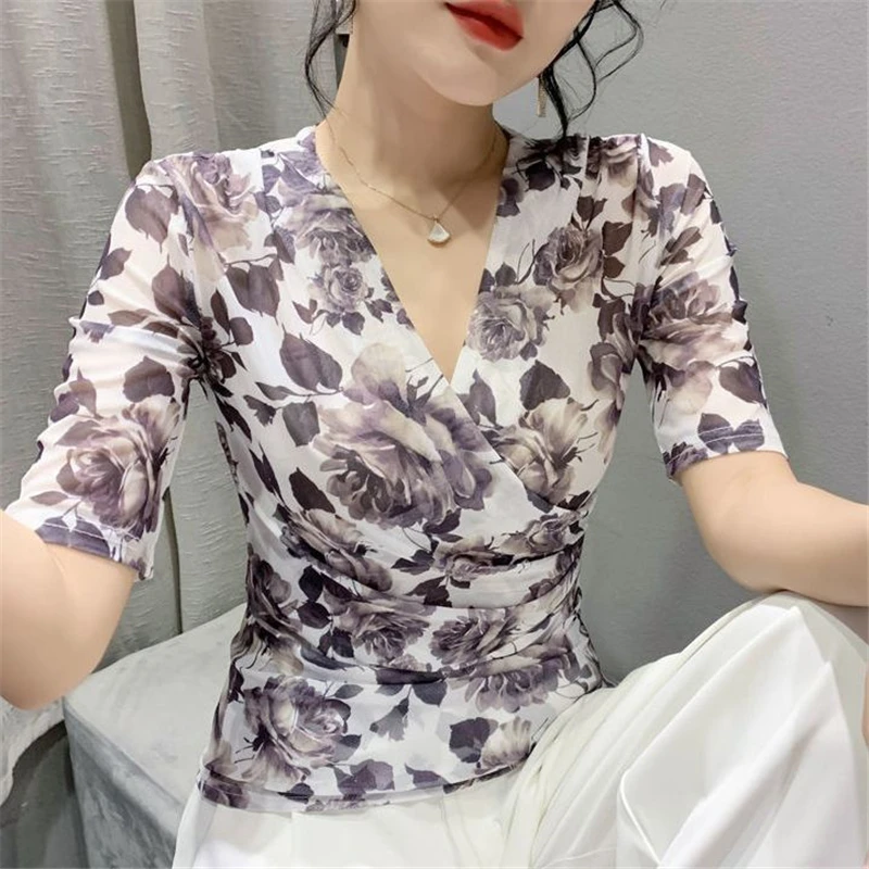 Women\'s Clothing Ruched Sexy Sheer Mesh V-neck Elegant Basic T-shirt Spring Summer Fashion V Neck Tie Dye Floral Print Slim Tops